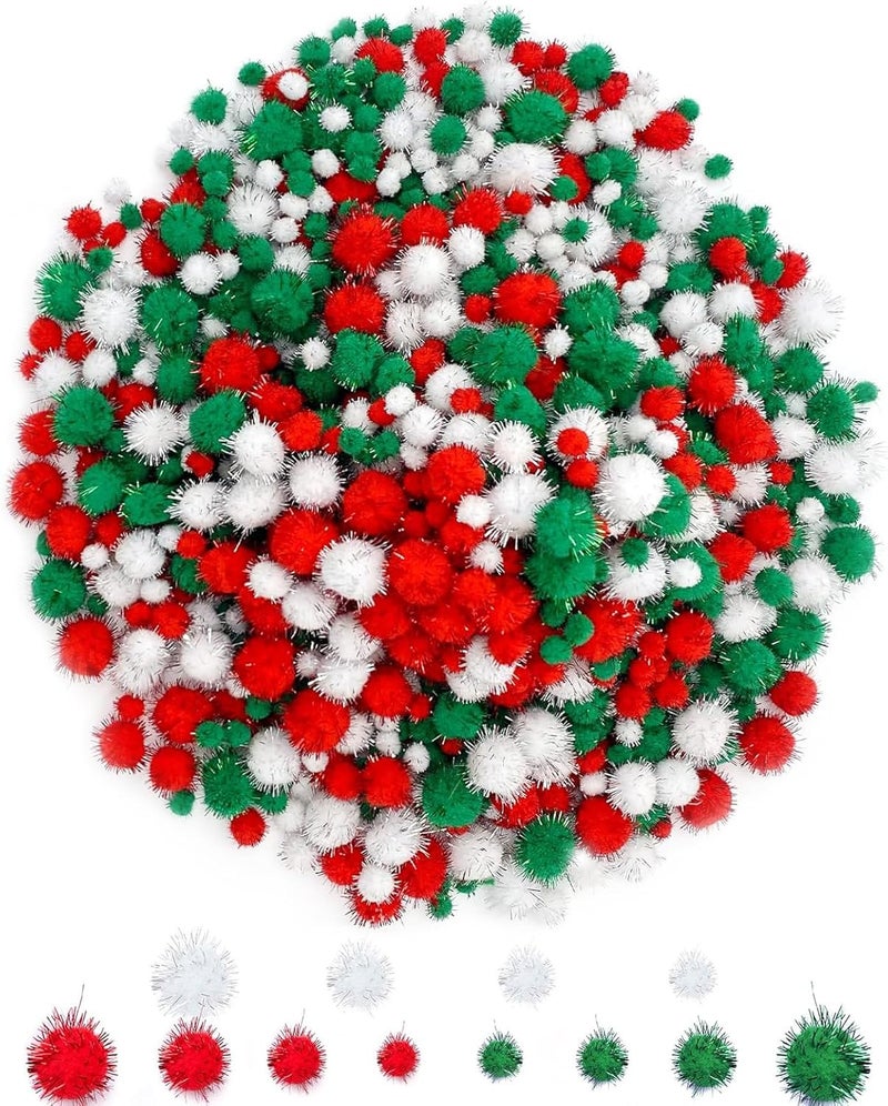 Allruyee 1200 Piece Christmas Pom Pom Balls Glitter Tinsel Craft Supplies in 4 Sizes for Holiday Decorations, DIY Crafts and Home Decor (White, Red, Green) - Image 1